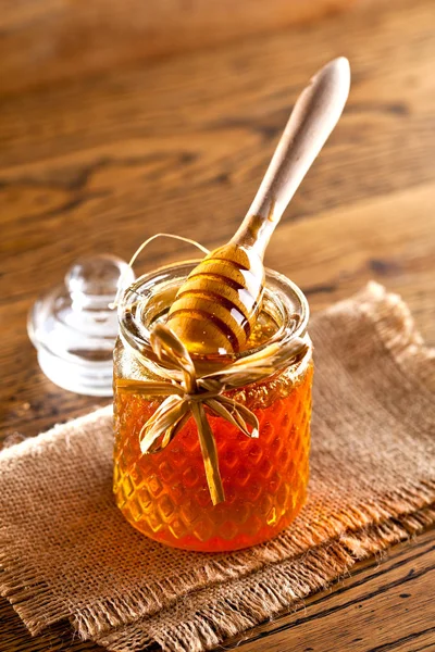 Honey Wooden Honey Dipper Wooden Table — Stock Photo, Image