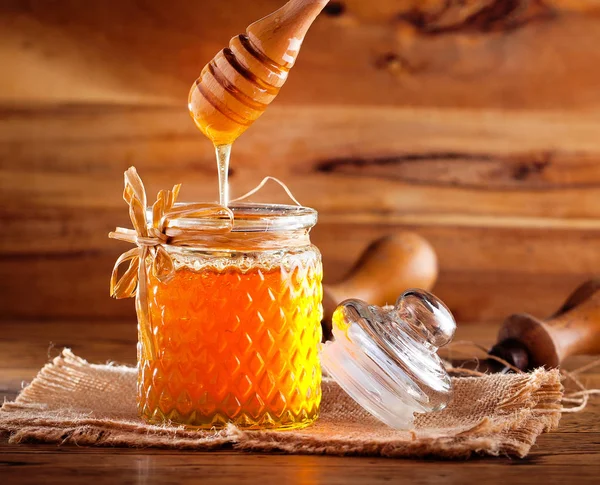 Honey Wooden Honey Dipper Wooden Table — Stock Photo, Image