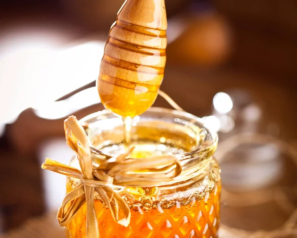 Honing Met Houten Honey Dipper Houten Tafel — Stockfoto