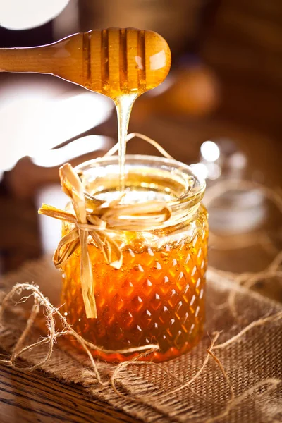 Honey Wooden Honey Dipper Wooden Table — Stock Photo, Image