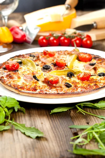Tasty Pizza Wooden Table Top View Stock Image