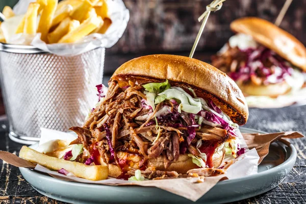 Homemade Pulled Pork Burger Bbq Sauce Close — Stock Photo, Image