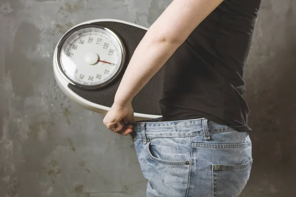 Donne Jeans Delle Dimensioni Più Grandi Concetto Assottigliamento Isolato Uno — Foto Stock