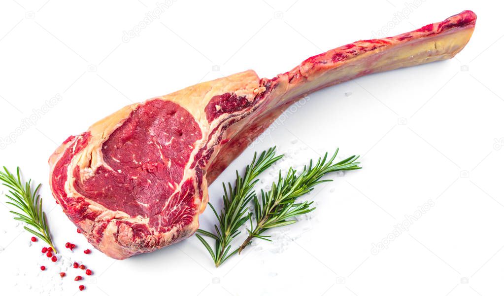 Steak the Tomahawk rests on a white background. Insulated