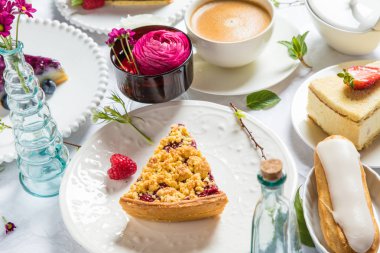 Ev yapımı cheesecake taze ahududu ve tatlı - nane ile sağlıklı organik yaz tatlı pasta peynirli kek. Vanilya Cheese Cake.