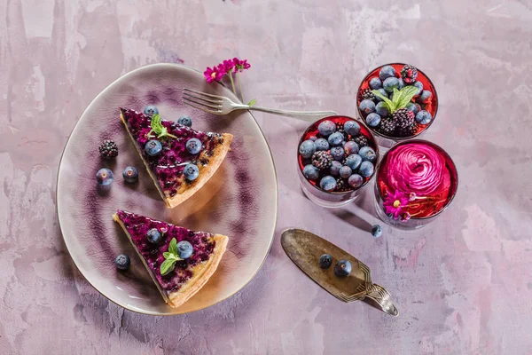 Sweet Cheese Cakes Berries Mint Whipped Cream Top View — Stock Photo, Image