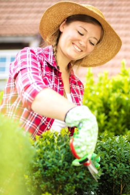 Frohliche Frau im Garten Beim Pflanzenpflege