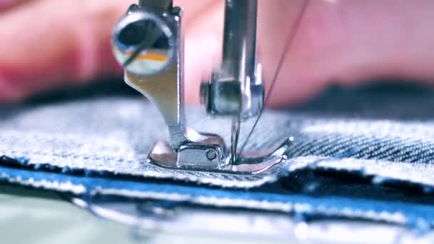 Hands Dressmaker Sewing Jeans Clothes Sewing Machine Close View — Stock Video