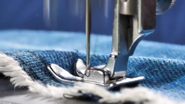 Close Shot Sewing Jeans Clothes Sewing Machine — Stock Video