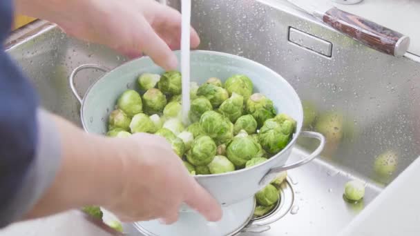 Männliche Hände Waschen Frische Rosenkohl Sieb Nahaufnahme — Stockvideo