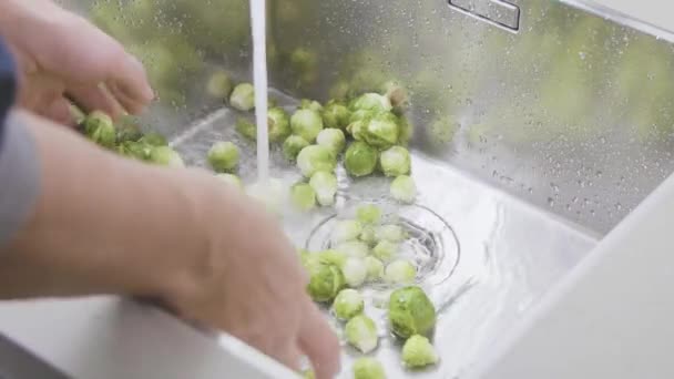 Männliche Hände Waschen Frische Rosenkohl Waschbecken Großaufnahme — Stockvideo