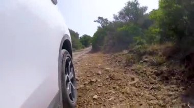 Pov, güneşli bir günde kırsal toprak yol boyunca sürüş beyaz araba