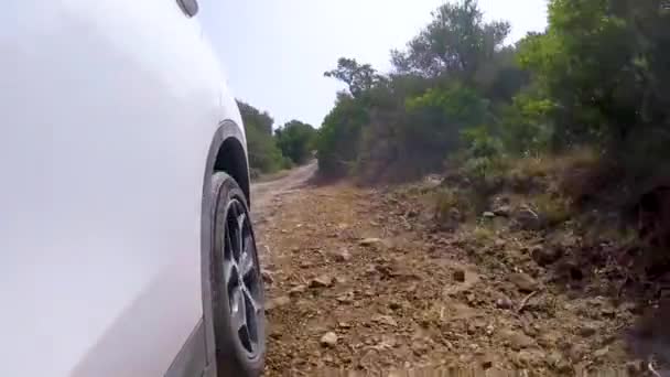 Pov Voiture Blanche Conduisant Travers Route Terre Rurale Journée Ensoleillée — Video