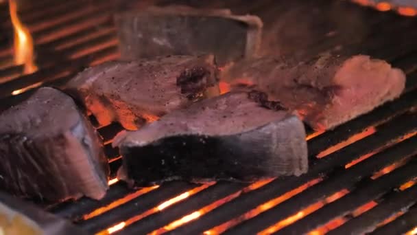 Fischstücke Auf Grill Mit Flamme Nahsicht — Stockvideo