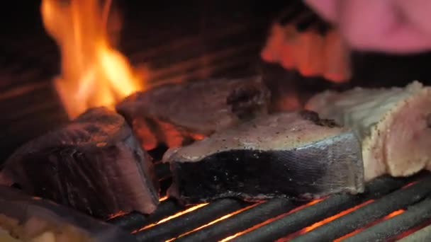 Pedaços Peixe Grelha Com Chama Vista Perto — Vídeo de Stock