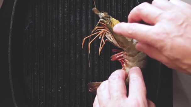 Cropped Shot Person Cooking Giant Prawns Hot Pan Butter — Stock Video