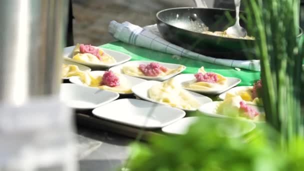 Abgeschnittene Aufnahme Von Köchen Die Köstliche Ravioli Der Restaurantküche Zubereiten — Stockvideo