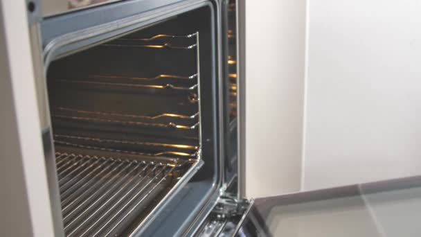 cropped shot of person putting baking tray with pretzels in oven