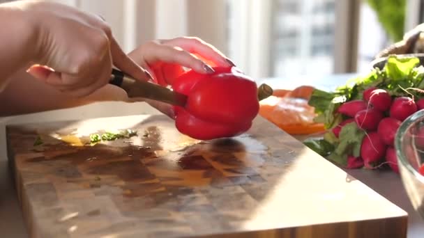 Vista Vicino Delle Mani Femminili Che Preparano Peperone Fresco Insalata — Video Stock