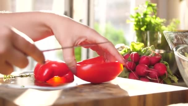 Nahaufnahme Weiblicher Hände Bei Der Zubereitung Von Frischem Paprika Für — Stockvideo