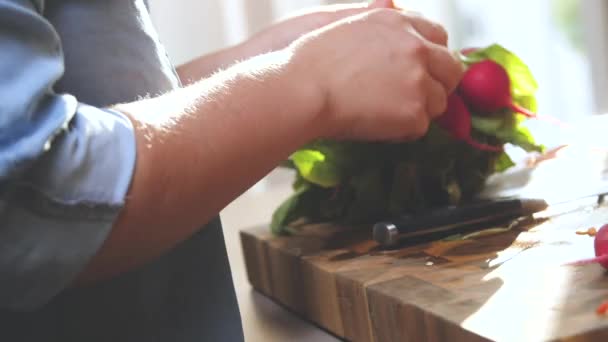 Manos Femeninas Tomando Rábanos Frescos Para Ensalada — Vídeos de Stock