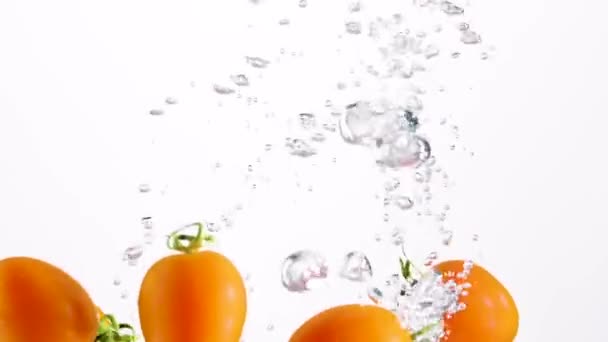 Tomates Crudos Frescos Maduros Que Caen Agua Sobre Fondo Blanco — Vídeos de Stock