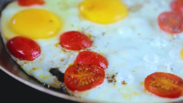Vista Close Dos Ovos Com Tomates Cozinhando Frigideira — Vídeo de Stock