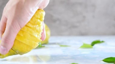 İnsan elinin taze olgun limon dilimlerini tutarken kısmi görüntüsü.