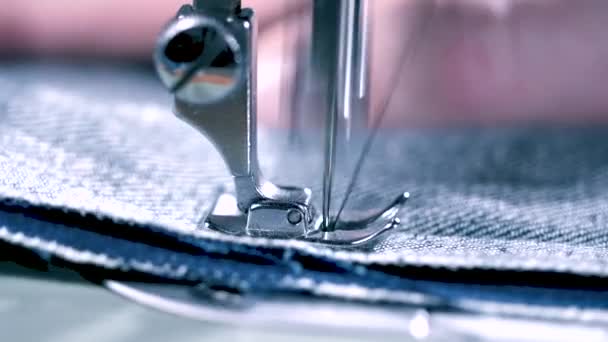 Hands Dressmaker Sewing Jeans Clothes Sewing Machine Close View — Stock Video