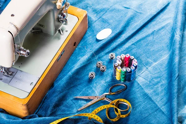 Sewing Indigo Denim Jeans Sewing Machine Garment Industrial Concept — Stock Photo, Image
