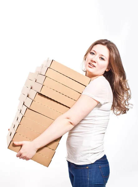 Schöne Junge Frau Mit Kartons Isoliert Auf Weißem Hintergrund — Stockfoto