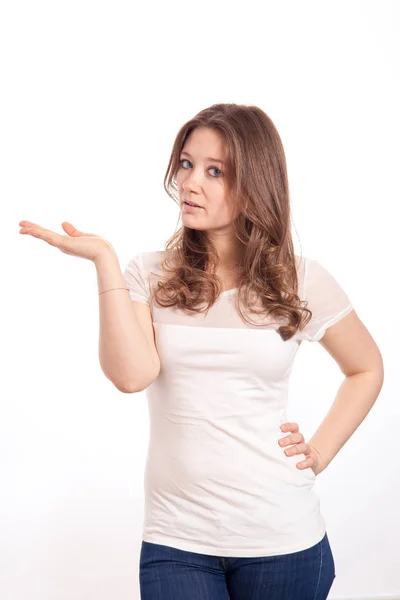 Beautiful Young Woman Showing Copy Space Looking Camera Isolated White — Stock Photo, Image