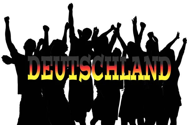 Silhouettes Fans Raised Arms Inscription Deutschland — Stock Photo, Image