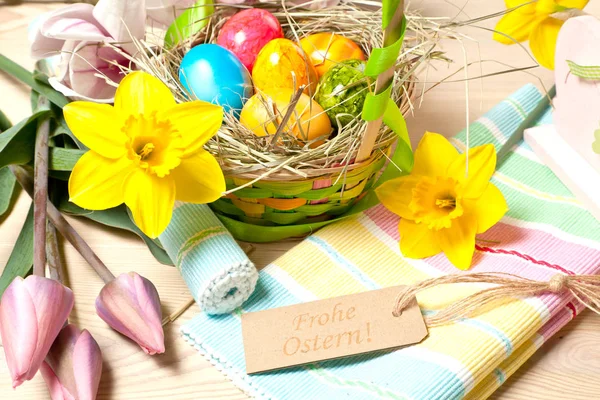 Close View Beautiful Easter Decorations German Text Happy Easter — Stock Photo, Image