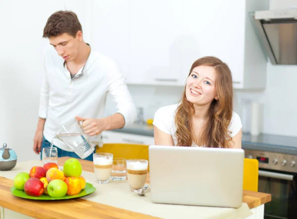 Happy Young Couple Laptop Breakfast Kitchen Stock Photo