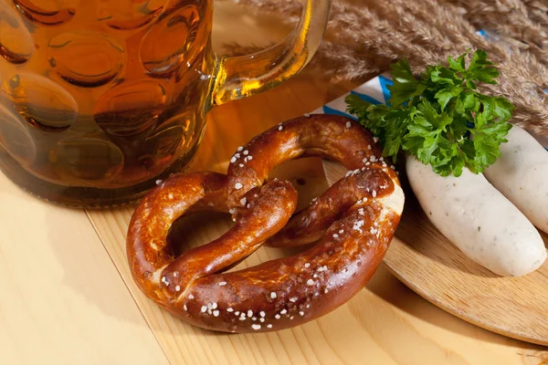 Mug Beer Pretzel Sausages Wooden Table Stock Photo