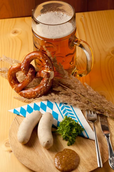 Mug Beer Pretzel Sausages Wooden Table Stock Image