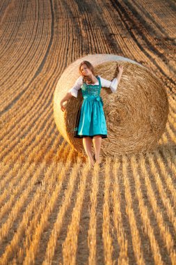 Samanlık buğday alanında yakın poz mavi elbiseli güzel genç kadın