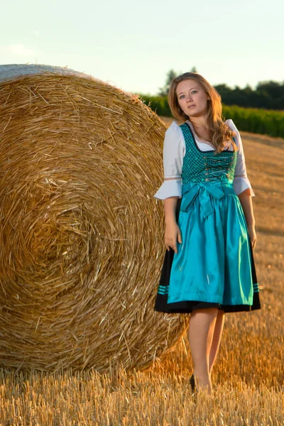 Schöne Junge Frau Blauem Kleid Posiert Der Nähe Von Heuhaufen — Stockfoto