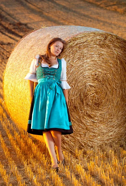 Schöne Junge Frau Blauem Kleid Posiert Der Nähe Von Heuhaufen — Stockfoto