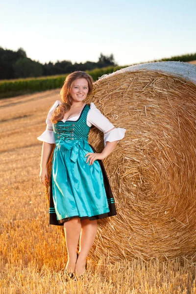 在麦田上摆出干草堆的蓝色礼服的美丽年轻女子 图库图片