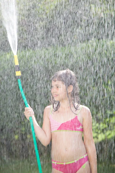 Adorable Teen Girl Playing Garden Hose Hot Sunny Summer — Stock Photo, Image