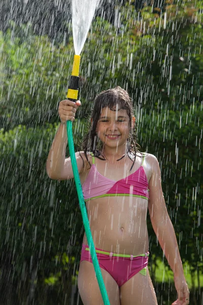 Adorable Teen Girl Playing Garden Hose Hot Sunny Summer — Stock Photo, Image