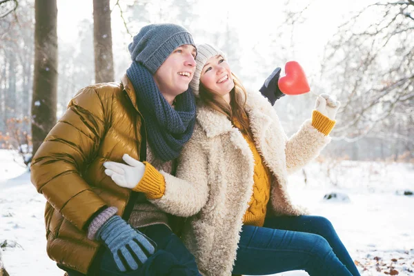 Kırmızı kalp sembol birlikte kış ormanda oturan ile mutlu genç Çift  