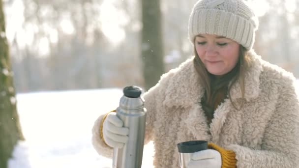 美丽快乐的年轻女子倒在热水瓶的热饮 而坐在冬季公园 — 图库视频影像