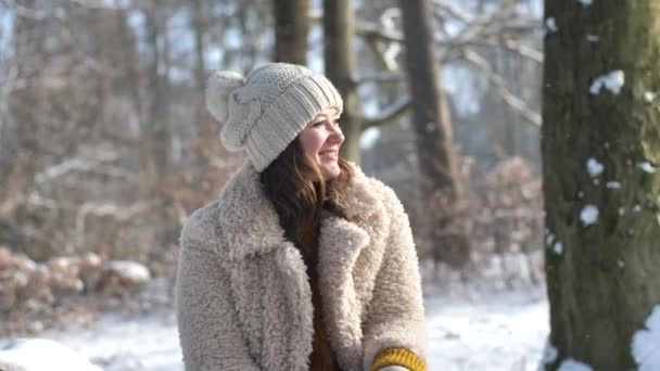 Hermosa Joven Sonriente Sentada Mirando Hacia Otro Lado Bosque Invierno — Vídeo de stock