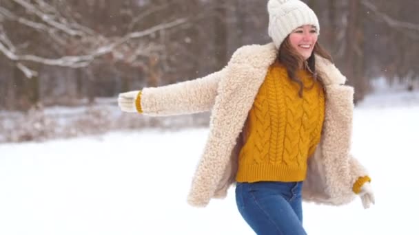 Bela Feliz Jovem Mulher Divertindo Sorrindo Para Câmera Parque Inverno — Vídeo de Stock