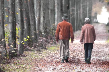 Sonbahar gününde Park'ta yürüyordunuz yaşlı çift
