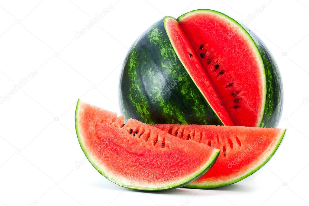Sliced ripe watermelon isolated on white background cutout.