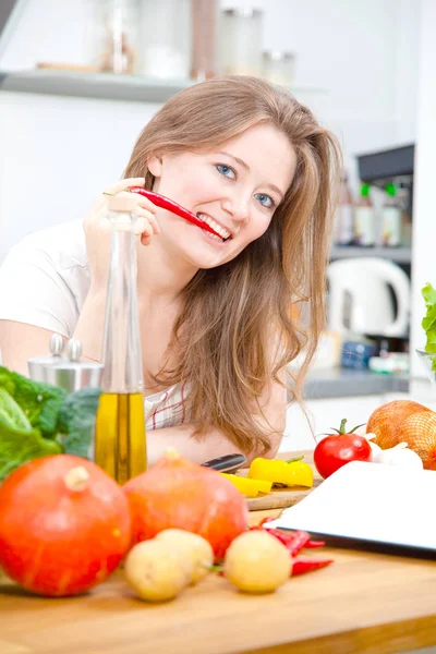 Beautiful Young Woman Apron Biting Red Chili Pepper Looking Camera Stock Photo